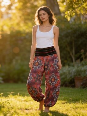 Boho Floral Elastic-Waist Women's Harem Pants - Red Floral